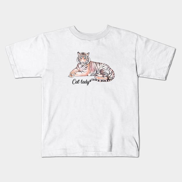 Cat Lady Funny Tiger Watercolor Illustration Kids T-Shirt by wanderinglaur